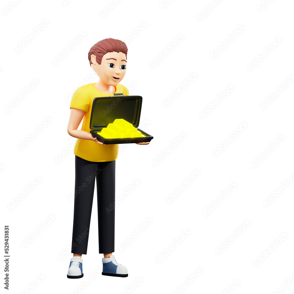 Raster illustration of man holding gold. Young guy in a yellow tshirt smile and holding a case full of gold bars, money, income, career, profit. 3d rendering artwork for business and advertising
