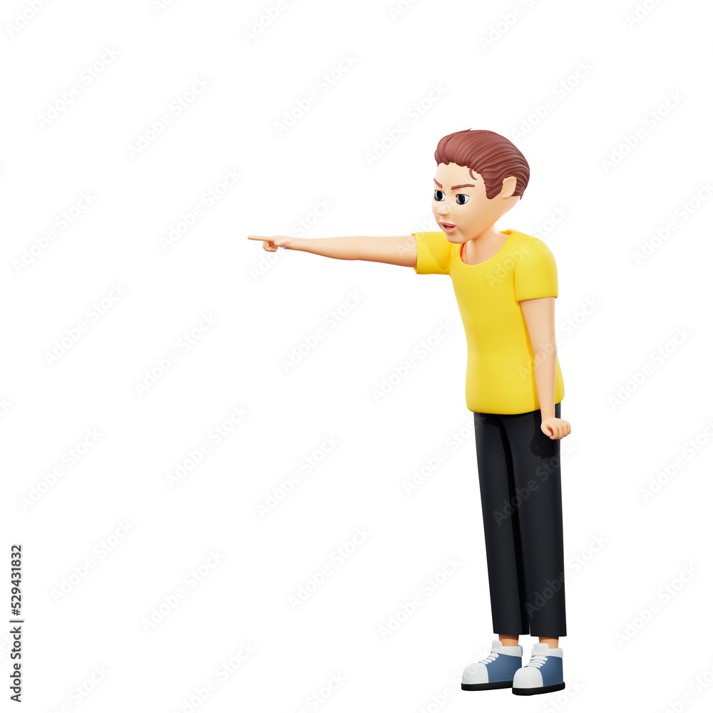 Raster illustration of man get angry and scold. Young guy in a yellow tshirt screams and points a finger at the exit, swears, gets angry. 3d rendering artwork for business and advertising Raster illustration of man get angry and scold. Young guy in a yellow tshirt screams and points a finger at the exit, swears, gets angry. 3d rendering artwork for business and advertising
