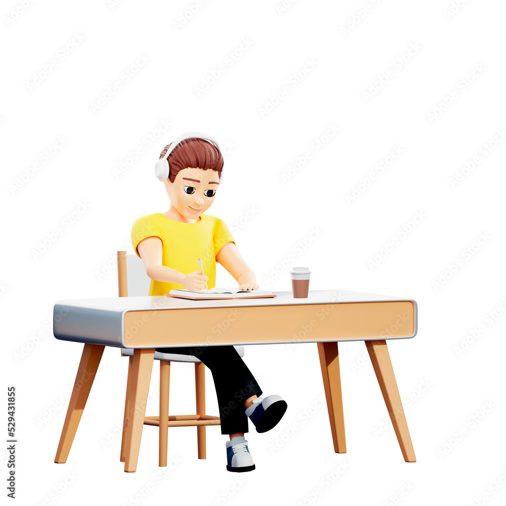 Raster illustration of man working at the table. Young guy in a yellow tshirt in headphones writes in a notebook, draws in an album, a hot drink in a cardboard cup. 3d rendering artwork for business Raster illustration of man working at the table. Young guy in a yellow tshirt in headphones writes in a notebook, draws in an album, a hot drink in a cardboard cup. 3d rendering artwork for business