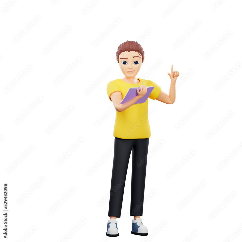 Raster illustration of man read book. Young guy in a yellow tshirt recites verses from a book with a raised index finger up. 3d rendering artwork for business and advertising