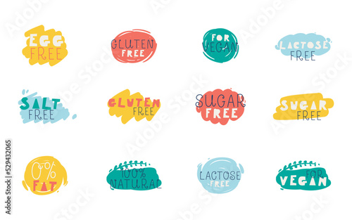 Menu tag set. Food labels indicating: Gluten, Lactose, Sugar Free, 100% Natural, Egg, Salt Free, 0% Fat, Vegan. Vector hand drawn icons.