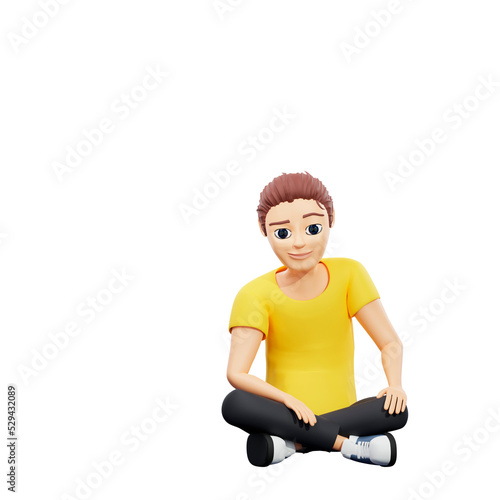 Raster illustration of man sitting in the lotus position. Young guy in a yellow tshirt meditating, cleanses the chakras, selfhypnosis, pump your brain. 3d rendering artwork for business photo
