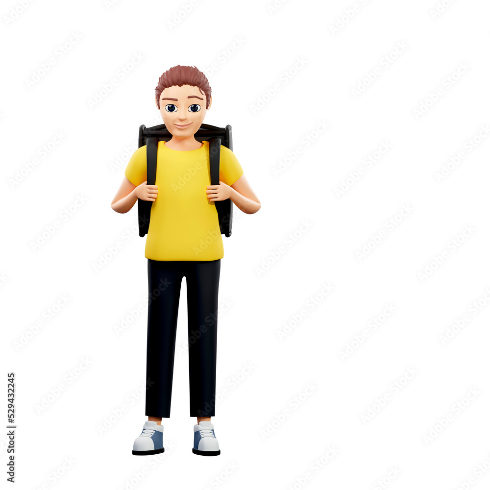 Raster illustration of man with a backpack on his back. Young guy in a yellow tshirt goes to school, delivers parcels, postman, loader. 3d rendering artwork for business and advertising Raster illustration of man with a backpack on his back. Young guy in a yellow tshirt goes to school, delivers parcels, postman, loader. 3d rendering artwork for business and advertising