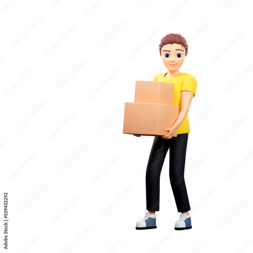 Raster illustration of man carries a box in his hands. Young guy in a yellow tshirt works as a loader, delivers parcels, post, delivery, purchase, order. 3d rendering artwork for business Raster illustration of man carries a box in his hands. Young guy in a yellow tshirt works as a loader, delivers parcels, post, delivery, purchase, order. 3d rendering artwork for business