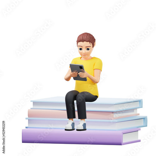 Raster illustration of A man is sitting on a pile of books and study on a tablet. A young guy in a yellow Tshirt reads ebook, education, distance learning, ebook. 3d rendering artwork for business