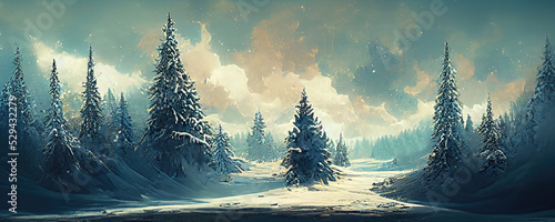 Winter landscape with snow and fir trees as christmas wallpaper