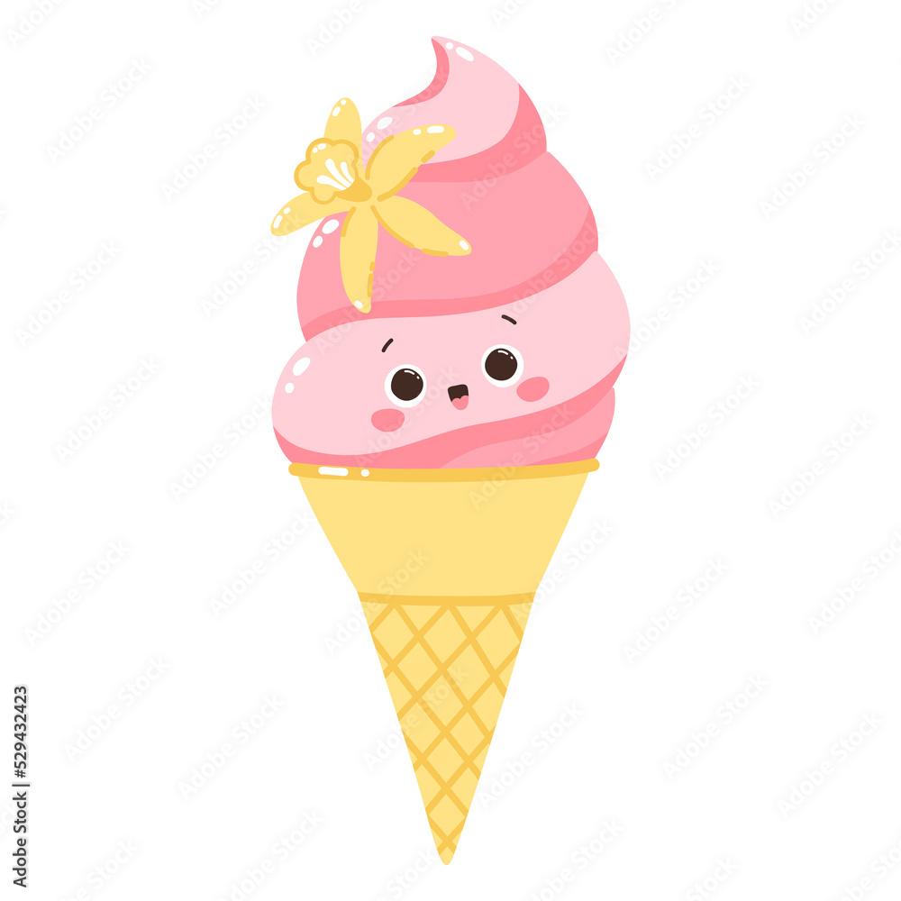 Cute character popsicles with vanilla flower in cone. Cold dessert ice cream. Summer sweetness Cute character popsicles with vanilla flower in cone. Cold dessert ice cream. Summer sweetness