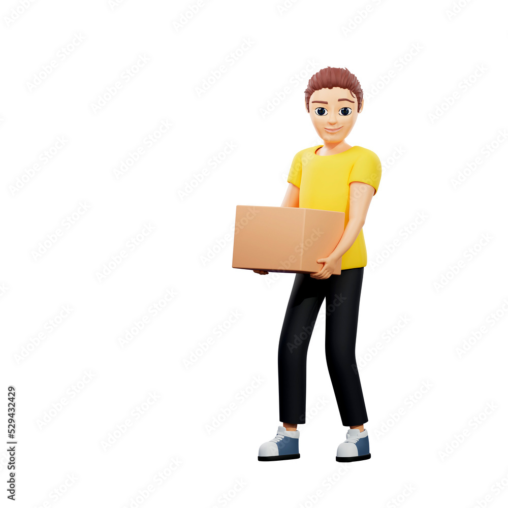 Raster illustration of man carries a box in his hands. Young guy in a yellow tshirt works as a loader, delivers parcels, post, delivery, purchase, order, package. 3d rendering artwork for business Raster illustration of man carries a box in his hands. Young guy in a yellow tshirt works as a loader, delivers parcels, post, delivery, purchase, order, package. 3d rendering artwork for business