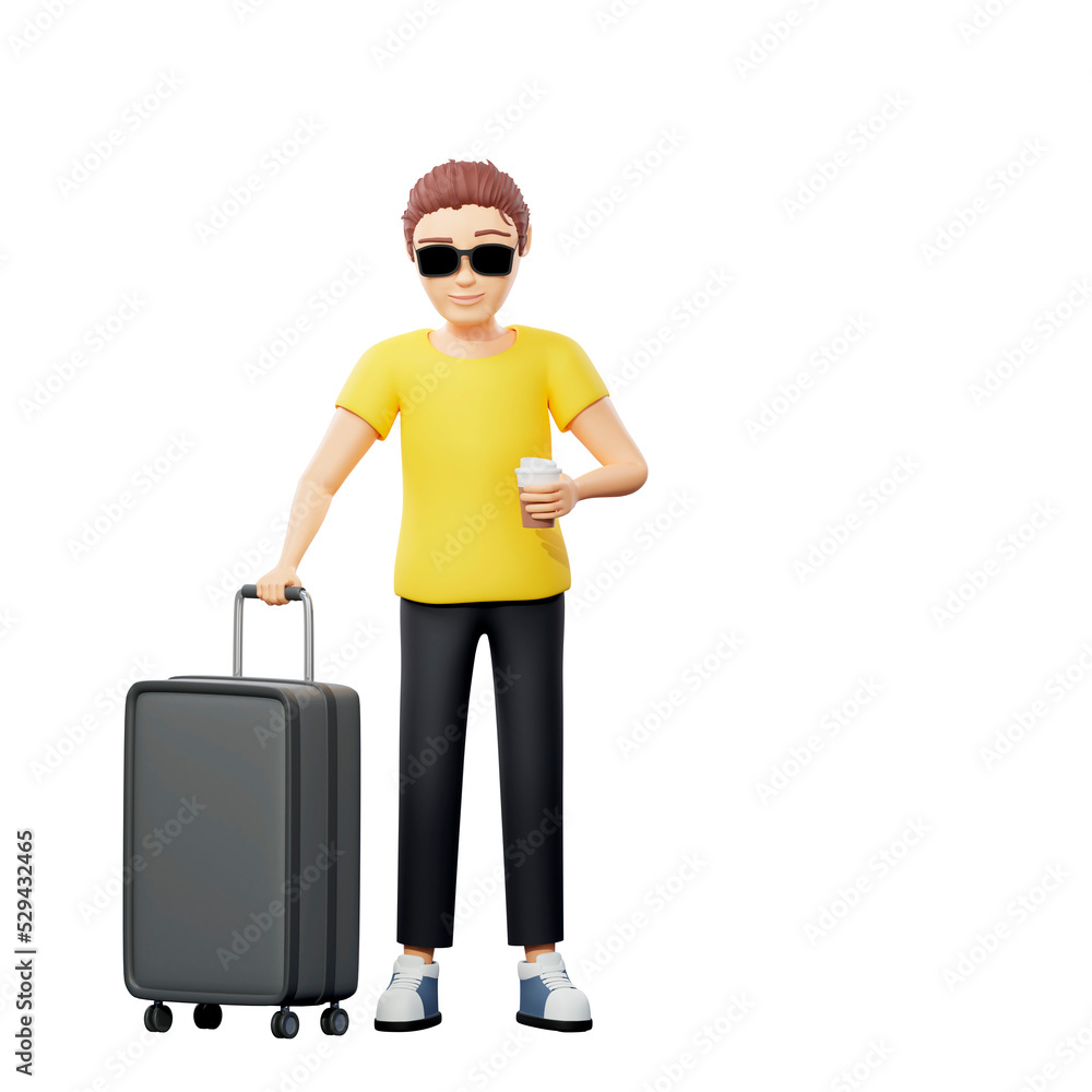 Raster illustration of man stands exactly with a black suitcase. Young guy in a yellow tshirt walks with a bag in sunglasses, a case and drinks coffee from a cardboard cup. 3d rendering artwork Raster illustration of man stands exactly with a black suitcase. Young guy in a yellow tshirt walks with a bag in sunglasses, a case and drinks coffee from a cardboard cup. 3d rendering artwork