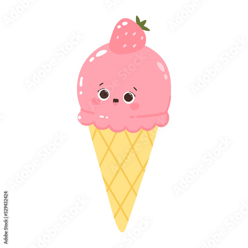 Cute character popsicles with strawberries in a cone. Cold dessert ice cream. Summer sweetness