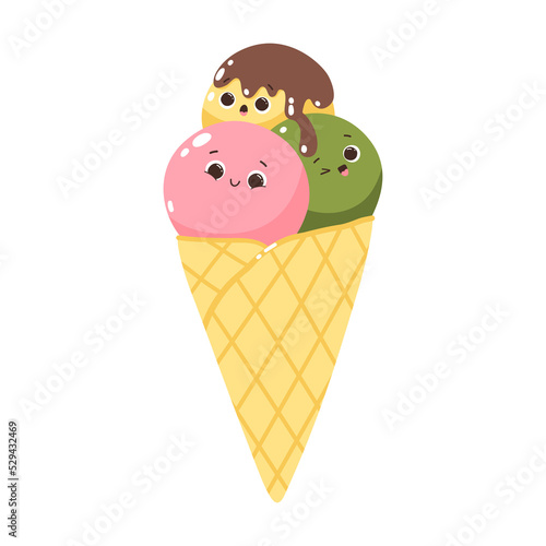 Cute character multicolored popsicles in cone. Cold dessert ice cream. Summer sweetness