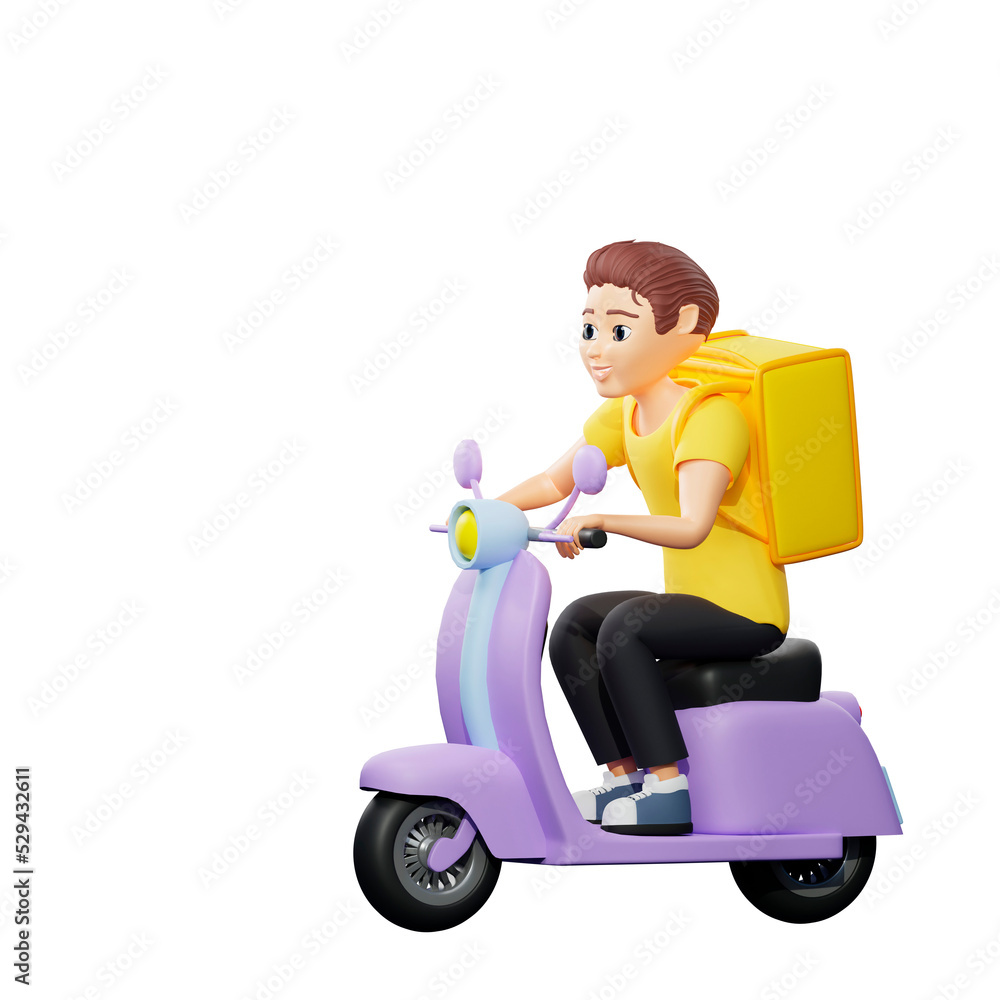 Raster illustration of man riding a scooter with backpack . Young guy in a yellow tshirt rides a motorcycle, delivery, transport, speed, traffic rules. 3d render artwork for business and advertising Raster illustration of man riding a scooter with backpack . Young guy in a yellow tshirt rides a motorcycle, delivery, transport, speed, traffic rules. 3d render artwork for business and advertising