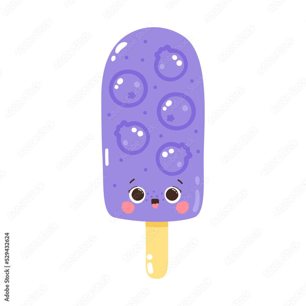 Cute character blueberry ice cream on a stick. Cold dessert. Summer sweetness Cute character blueberry ice cream on a stick. Cold dessert. Summer sweetness