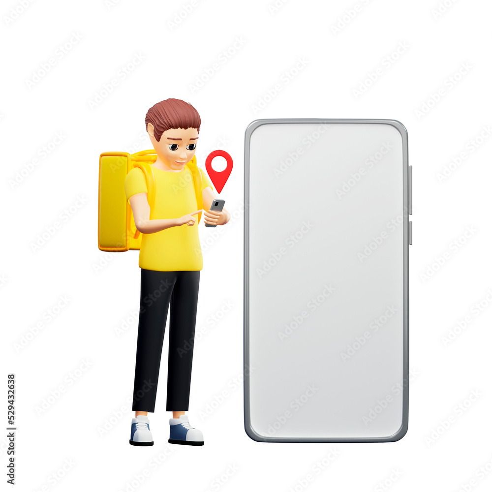 Raster illustration of man with a backpack looking for a route. Young guy in a yellow tshirt delivers a parcel, pointer, location, destination, distance. 3d rendering artwork for business