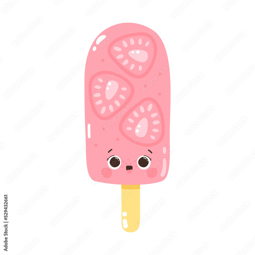Cute character strawberry ice cream on a stick. Cold dessert. Summer sweetness. Isolated on white background Cute character strawberry ice cream on a stick. Cold dessert. Summer sweetness. Isolated on white background