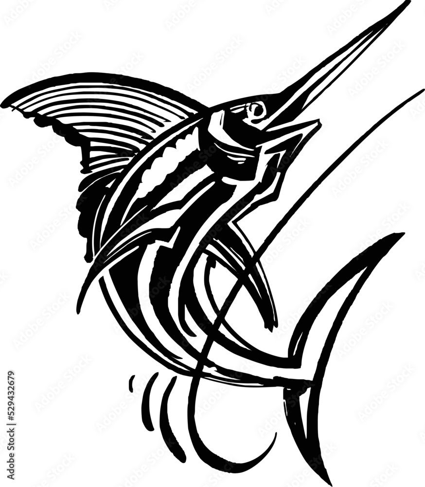 vector illustration of the black and white marlin fish Stock Vector