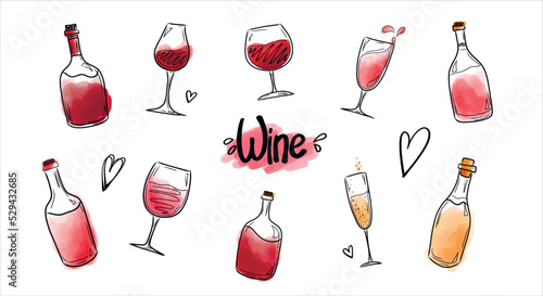 A set of vector illustrations with bottles and glasses of red and white wine, watercolor splashes of wine.