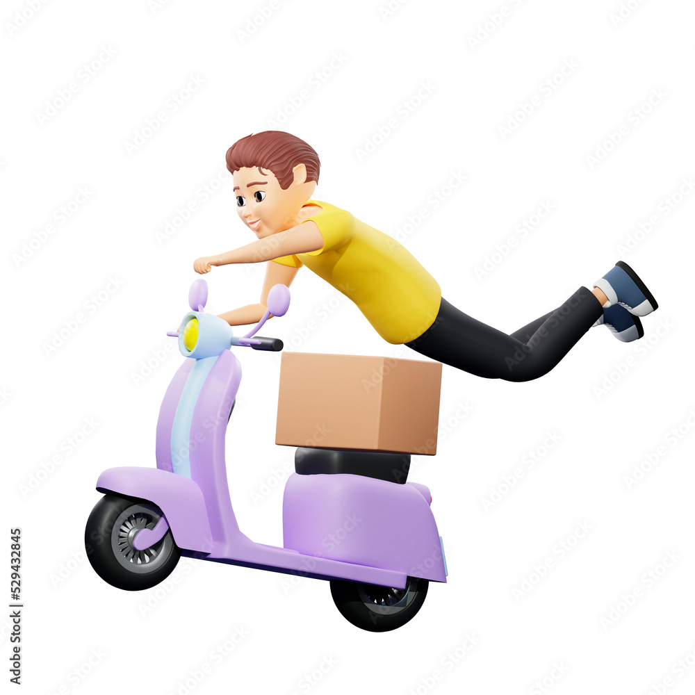 Raster illustration of man riding a scooter, with box on it, with arms and legs up. Young guy in a yellow tshirt rides a motorcycle, fly, delivery, transport, speed, traffic rules. 3d render artwork Raster illustration of man riding a scooter, with box on it, with arms and legs up. Young guy in a yellow tshirt rides a motorcycle, fly, delivery, transport, speed, traffic rules. 3d render artwork