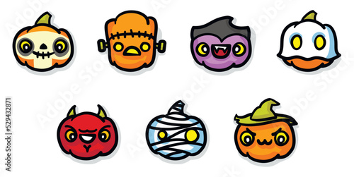 kawaii handdrawn pumpkin vector set of 7 icons. halloween decor, textile, cards, chart emoji, stickers. BONUS: Includes colorized, shadowed and linear versions separated by layers