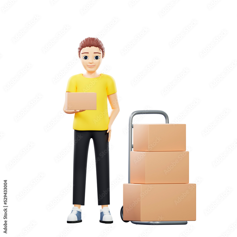 Raster illustration of man hold parcel and stay near a stack of boxes on trolley. Young guy in a yellow tshirt works as a loader, delivers parcels, presentation, delivery, purchase, order. 3d artwork Raster illustration of man hold parcel and stay near a stack of boxes on trolley. Young guy in a yellow tshirt works as a loader, delivers parcels, presentation, delivery, purchase, order. 3d artwork