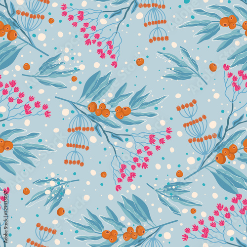 Bright seamless background with abstract flowers, leaves, berries. Vector illustration