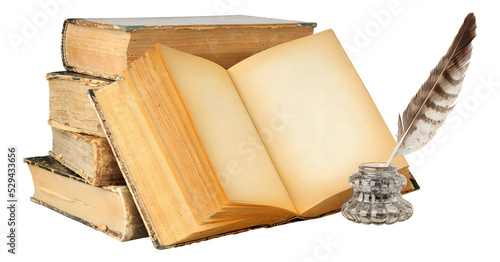 Canvastavla Old books with empty pages, inkstand and quill cut out
