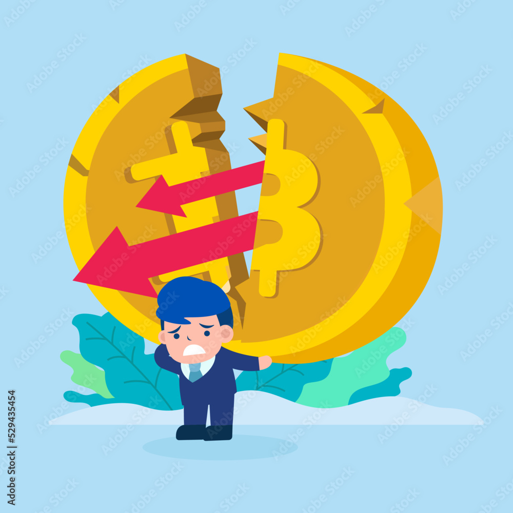 Business man with bitcoin price falls all time low, digital coin crash, down arrow. Vector illustrator Business man with bitcoin price falls all time low, digital coin crash, down arrow. Vector illustrator