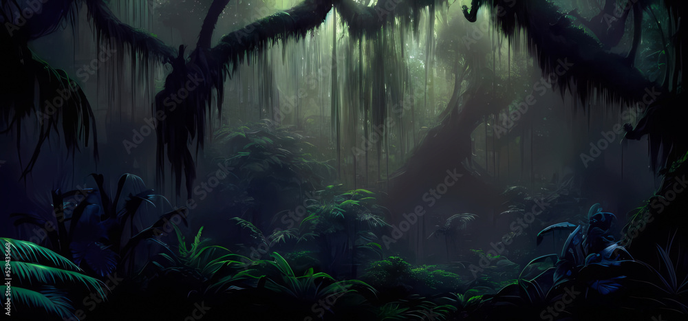 Fototapeta premium Mysterious woodland scenery creepy vine silhouettes on overgrown shore of swampy forest river at dark foggy dusk or night Background Landscape Digital Illustration