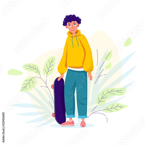 Young guy in yellow hoody with skateboard spending time outside. Outdoor activities representation. Vector character illustration