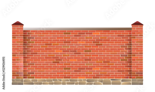 Brick fence with columns and stone foundation. Isolated on white background Vector.