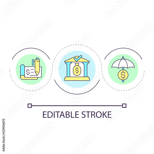 Savings account insurance loop concept icon. Certificate of deposit in bank. Financial operations abstract idea thin line illustration. Isolated outline drawing. Editable stroke. Arial font used