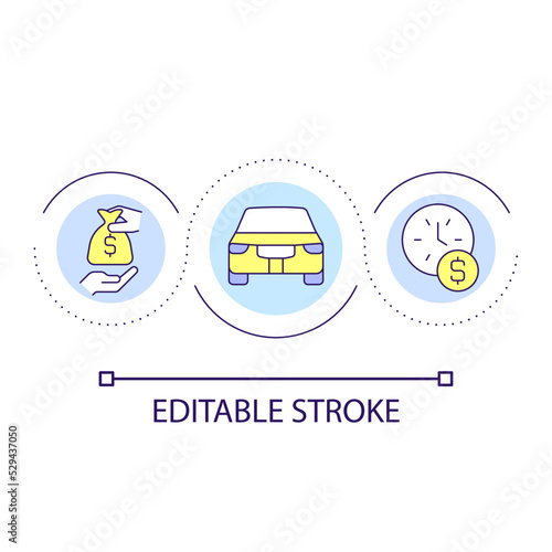 Credit line to buy car loop concept icon. Auto loan for bank customers. Purchase vehicle abstract idea thin line illustration. Isolated outline drawing. Editable stroke. Arial font used