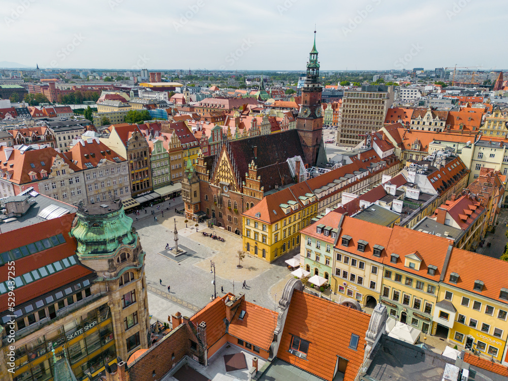 Naklejka premium Wroclaw. Aerial View of Old Town of Wroclaw. Colorful Roofs of Historic Market Squere. Wroclaw, Poland. Europe. 