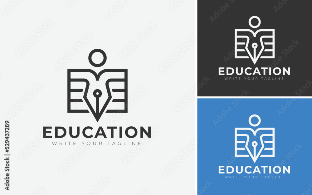 Obraz premium Minimal Education Logo Design Template. Academy Logo Vector For Graduation, Pen, Pencil, Book, And Human Iconic Concept