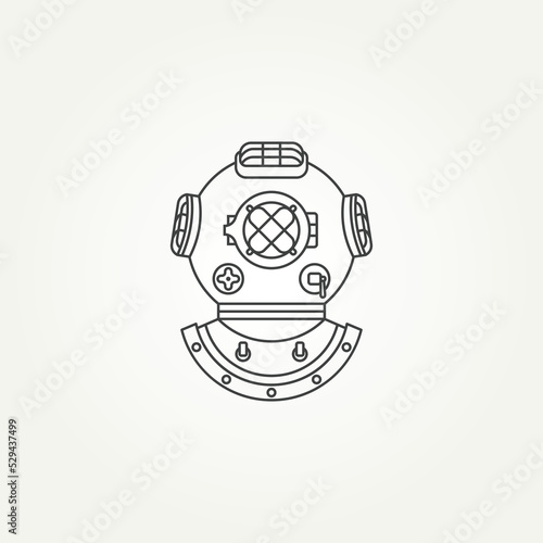 minimalist classic vintage diving helmet line art icon logo template vector illustration design. old underwater diving helmet icon logo concept