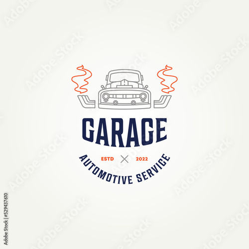 vintage retro car repair garage line art icon logo template vector illustration design. classic car truck with turbo engine restoration shop logo concept