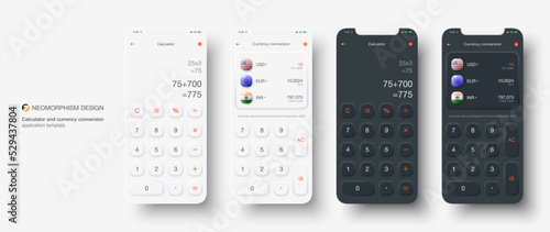 UI Calculator and currency converter in Neomorphism design. User app design in white and black realistic style with shadow. Vector illustration