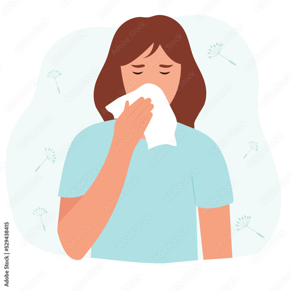 Woman with allergy.  Runny nose and watery eyes.Pretty girl or young woman is sneezing into a tissue . Vector illustration