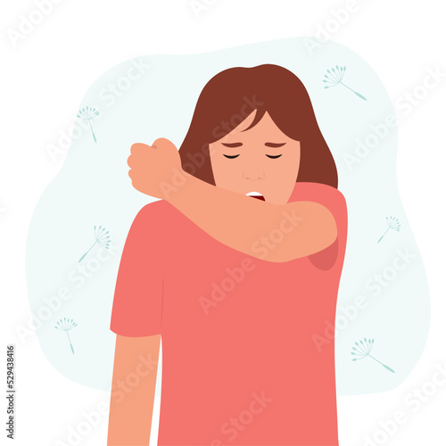 Woman with allergy.  Runny nose and watery eyes. Correct sneezing. Vector illustration