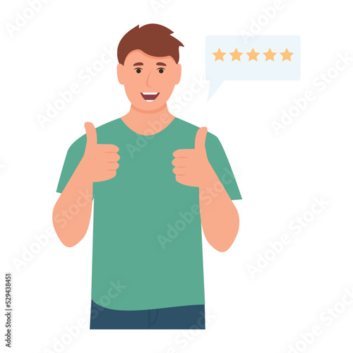 Happy man  leaves positive recommend feedback, rating stars, good reviews, comments or likes. Vector illustration