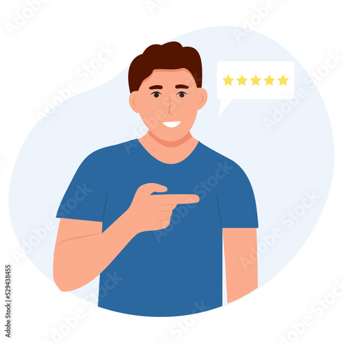 Happy man  leaves positive recommend feedback, rating stars, good reviews, comments or likes. Vector illustration