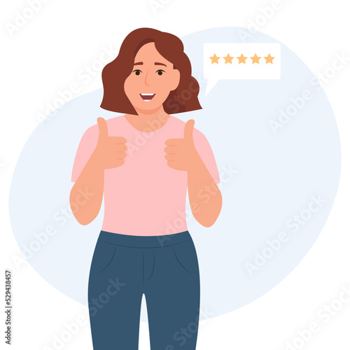 Smiling woman with thumbs up expressing agreement and approval. Happy girl  leaves positive recommend feedback, rating stars, good reviews, comments or likes. Flat vector illustration