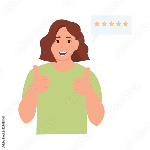 Happy man  leaves positive recommend feedback, rating stars, good reviews, comments or likes. Vector illustration