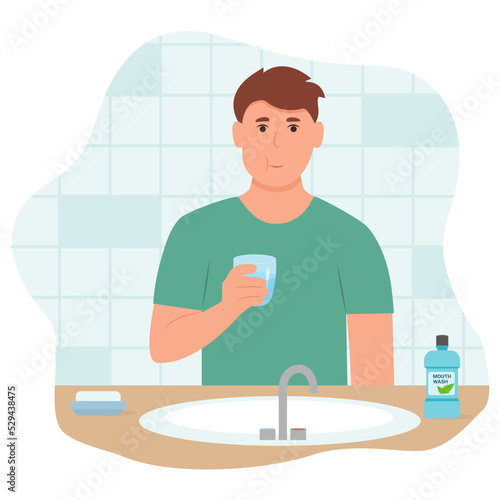  Man using mouthwash for fresh breath and plaque prevention. Rinsing ,gargling mouth. Daily oral hygiene routine. Vector illustration isolated on white background