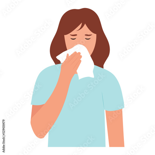 Pretty girl or young woman is sneezing into a tissue because of her allergy or cold. Vector illustration isolated on white background