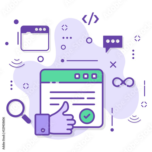 Verified Webpage Concept, Website with Like Sign, Browser with OK Sign Stock illustration, Checked and Approved Vector Icon Design, Cloud computing and Internet hosting services Symbol, 