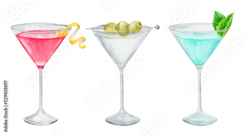 Alcohol cocktail collection. Watercolor illustration. Drinks clipart set on white background