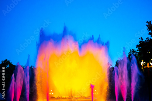 Fototapeta Naklejka Na Ścianę i Meble -  Night Photograph Of The Performance Of The Singing Magic Fountain Of Montjuic In Barcelona, Catalonia, Spain.