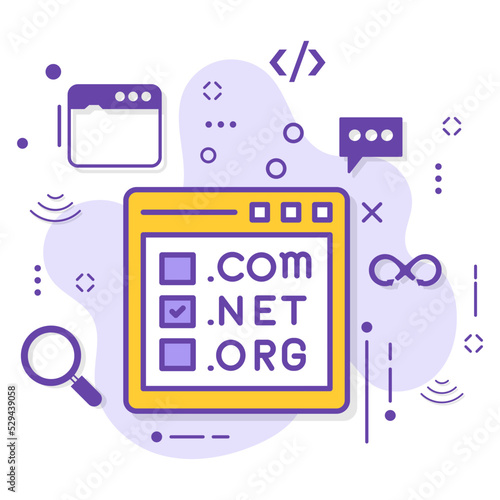 Top Level Domain or tld Registration Service Concept, dot com net org selection in browser window vector icon design, Cloud computing and Internet hosting service Symbol, webhosting sign