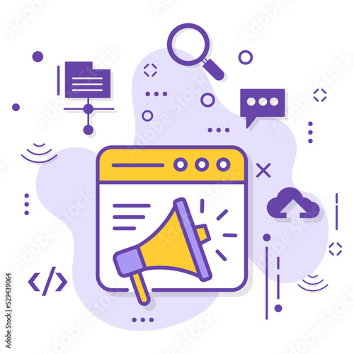Internet Marketing campaign concept, Social Media Announcement Sign, Browser with Megaphone vector icon design, Cloud computing and Internet hosting services Symbol, 